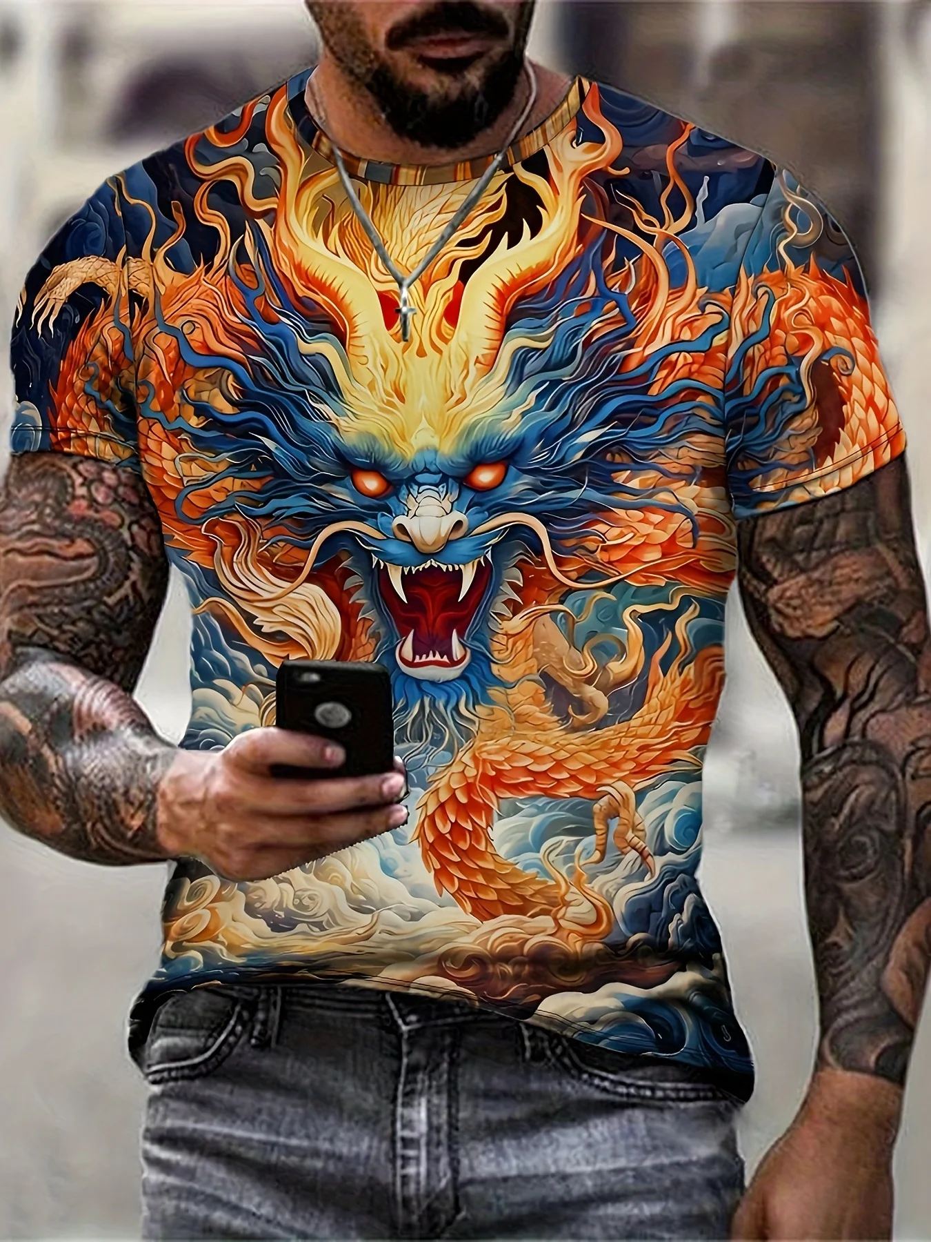 Retro T-Shirts For Men Clothing 3d Dragon Print Trend Men's T-Shirt New Designs Short Sleeve Tees Male Tshirts