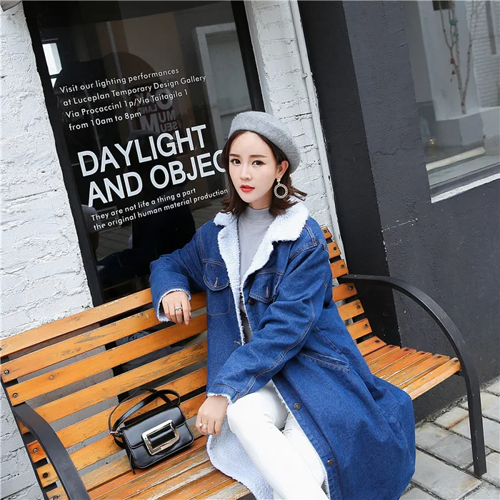 Parkas Women Mid Length Coats Denim Coat Turn Down Collar Full Sleeve Elegant Splice Single Breasted Thick Autumn Winter 2024