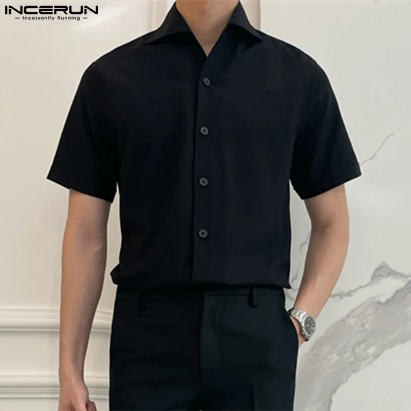 INCERUN Tops 2024 Korean Style Men's Summer Solid Lapel Collar Blouse Summer Casual Hot Selling Male Short Sleeved Shirts S-5XL