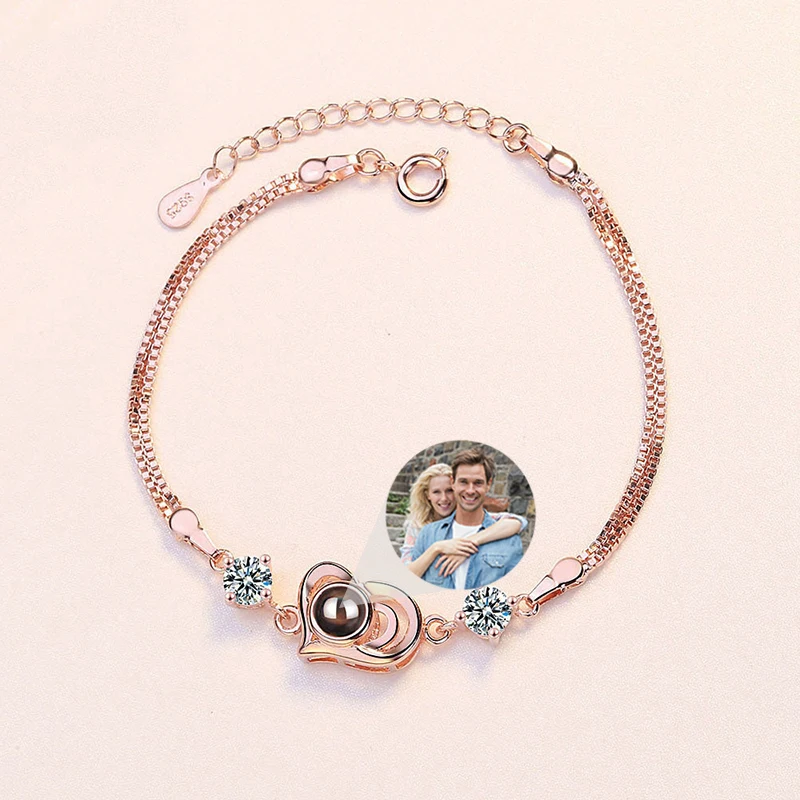 Bracelet de Projection de Photo Personnalisé en Argent Sterling 925, Bijoux Commémoratifs avec Image de Cœur, Je T'Aime