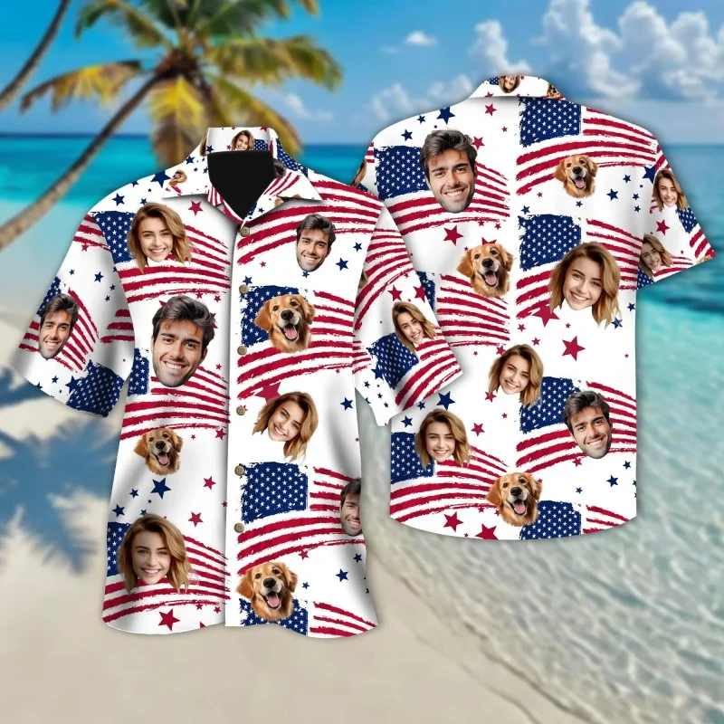 Funny Customized Face USA 250th Anniversary Hawaiian Shirt For Men 3D Print Patriotic Pet Flag Summer Blouses Lapel Aloha Shirts