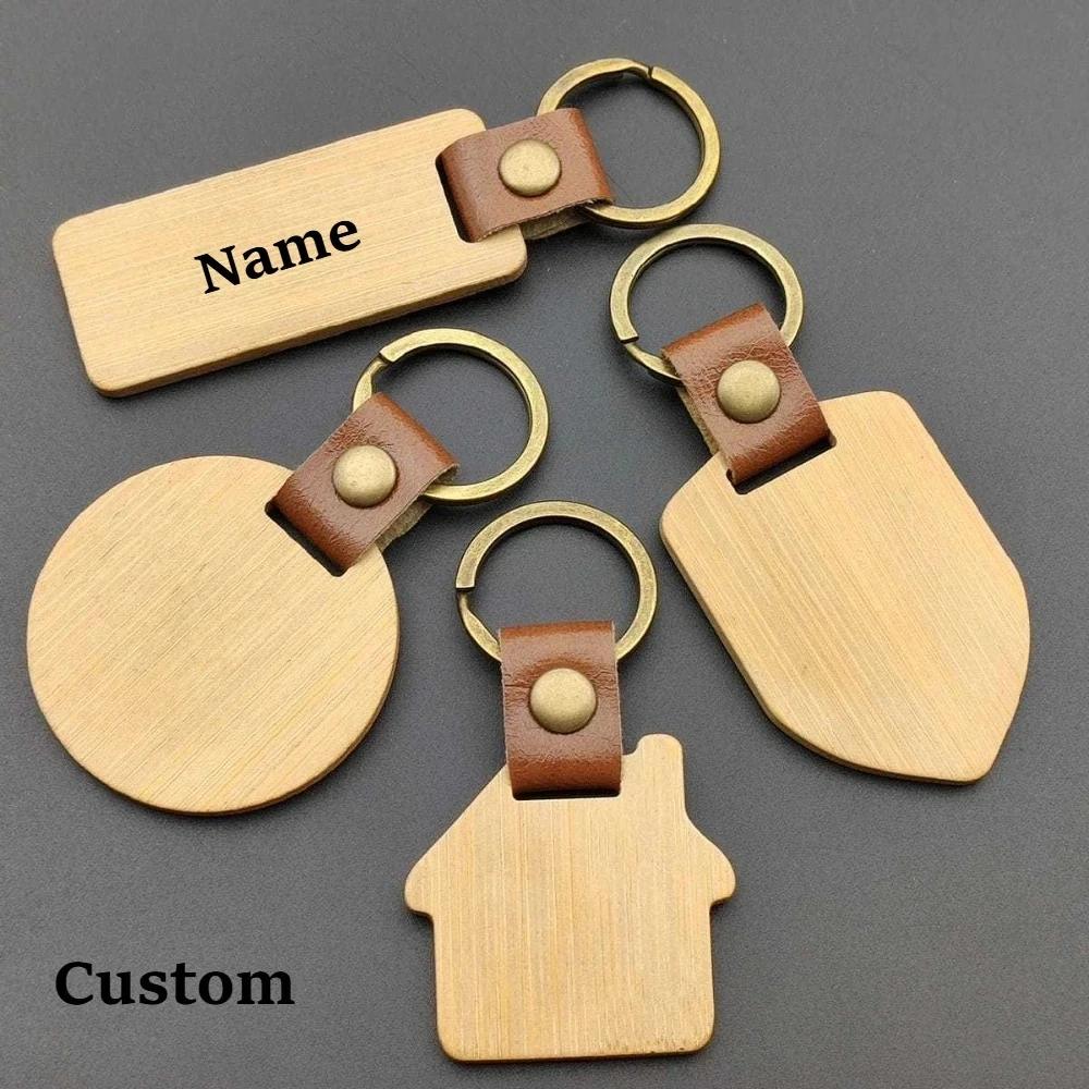 

New Solid Wood Keychain Bamboo Wooden Rectangular Circular House Shaped Shields for Bag Car Personalized Keyring Can Custom