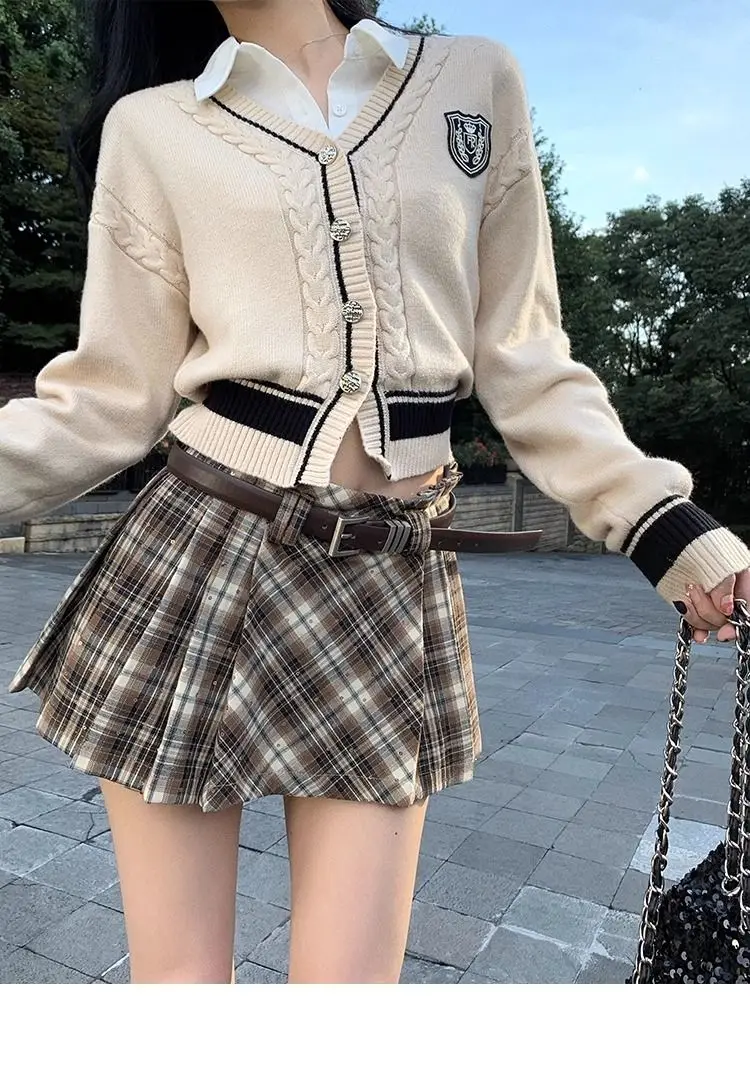 

2023 Summer Knittade Suits 2 Piece Dress Set Women Casual Korean Y2k Clothing Sweater Cardigan+Plaid Mini Skirts Fashion Suits