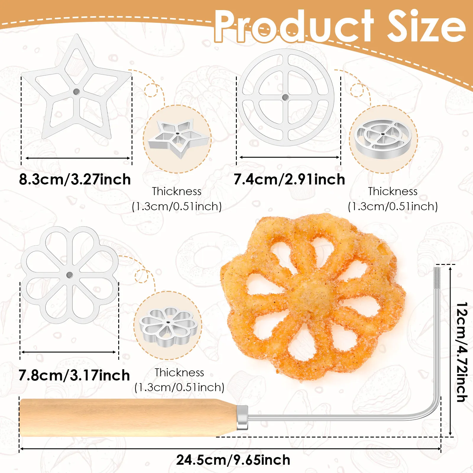 3Pcs Bunuelos Mold Set with 3 Wooden Handles Aluminum Alloy Rosette Molds Set Reusable Non-Stick Bunuelos Cookie Maker Mold