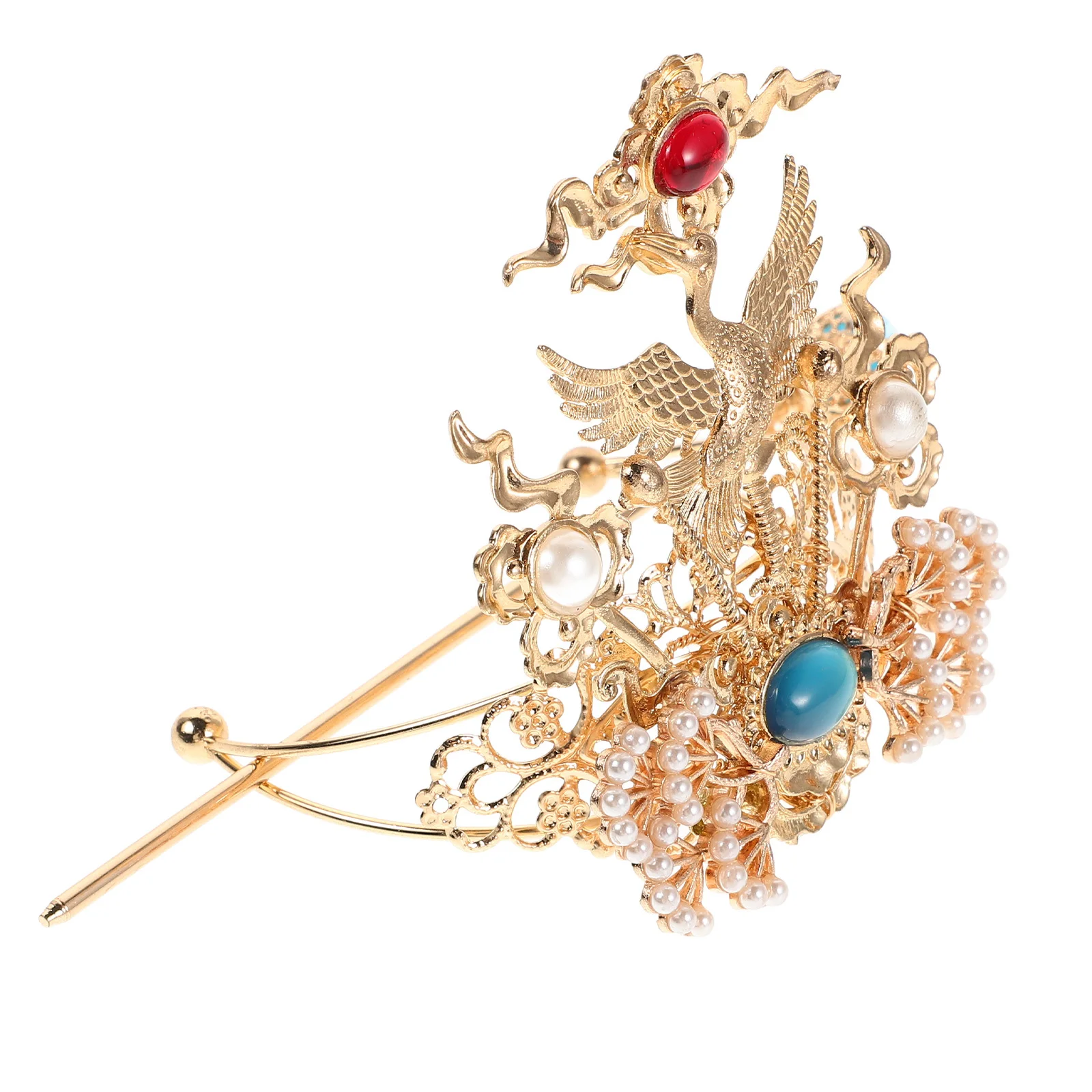 

Vintage Hanfu Hair Crown for Men Gold-Tone Crane Motif Gemstone Alloy Ancient Chinese Hair Stick Ideal for Retro Costume Wedding