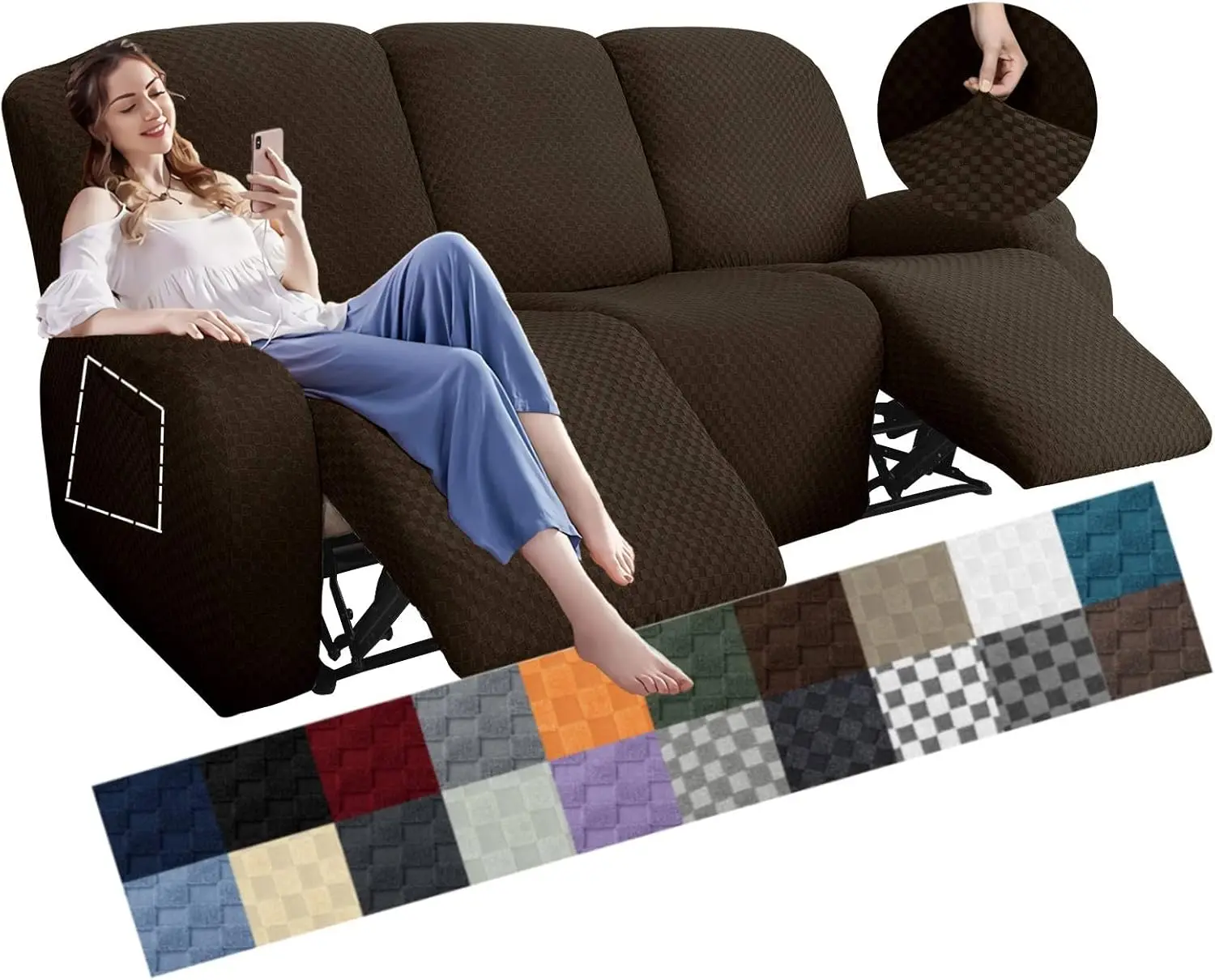 

8 Pieces Stretch Recliner Sofa Cover Latest Jacquard Reclining Couch Cover with Side Pocket Anti-Slip Fitted 3 Cushion F