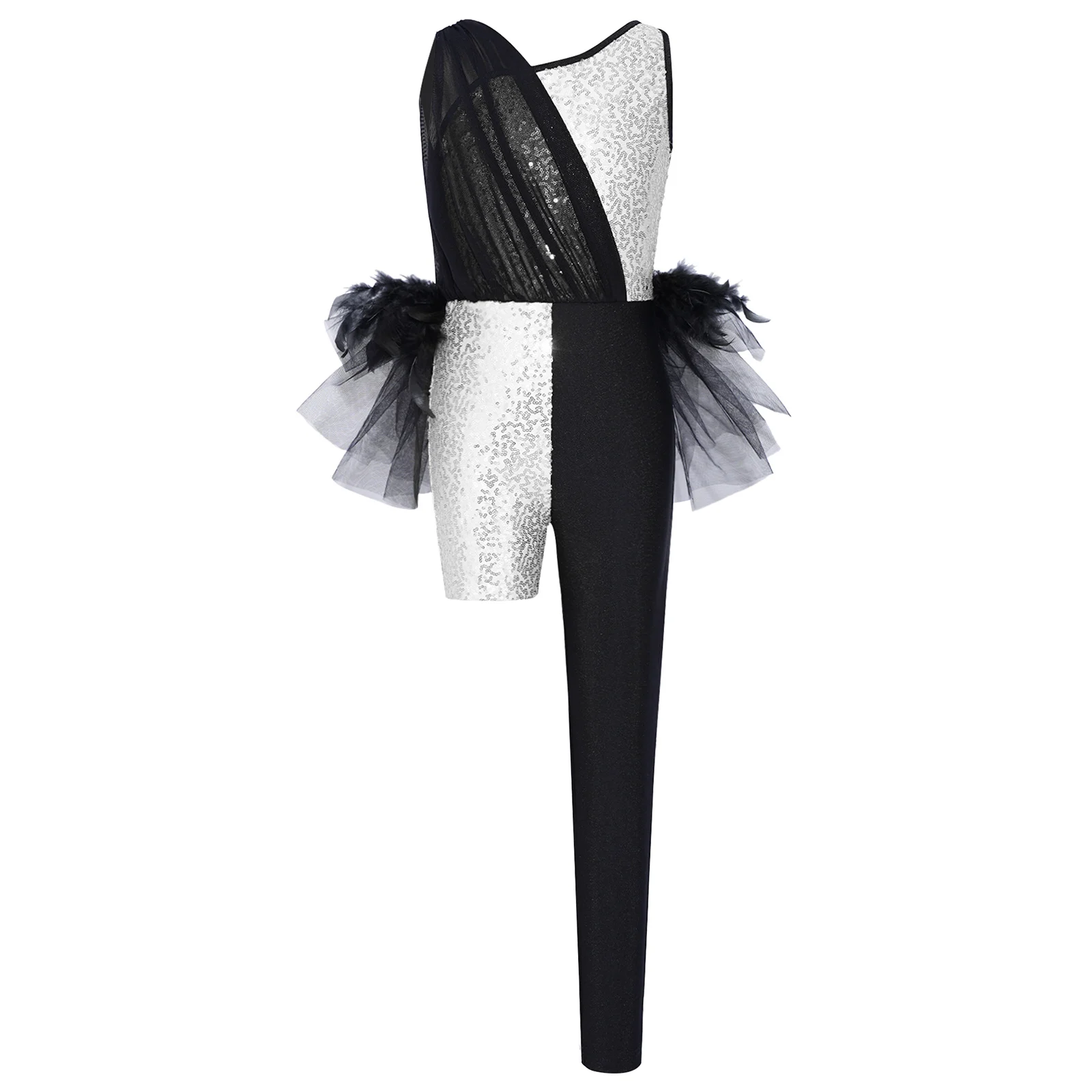 

Sparkly Sequins Asymmetrical Leotard for Girls Color Block Jumpsuit with Feather Tulle Skirt for Jazz Latin Dance Competition