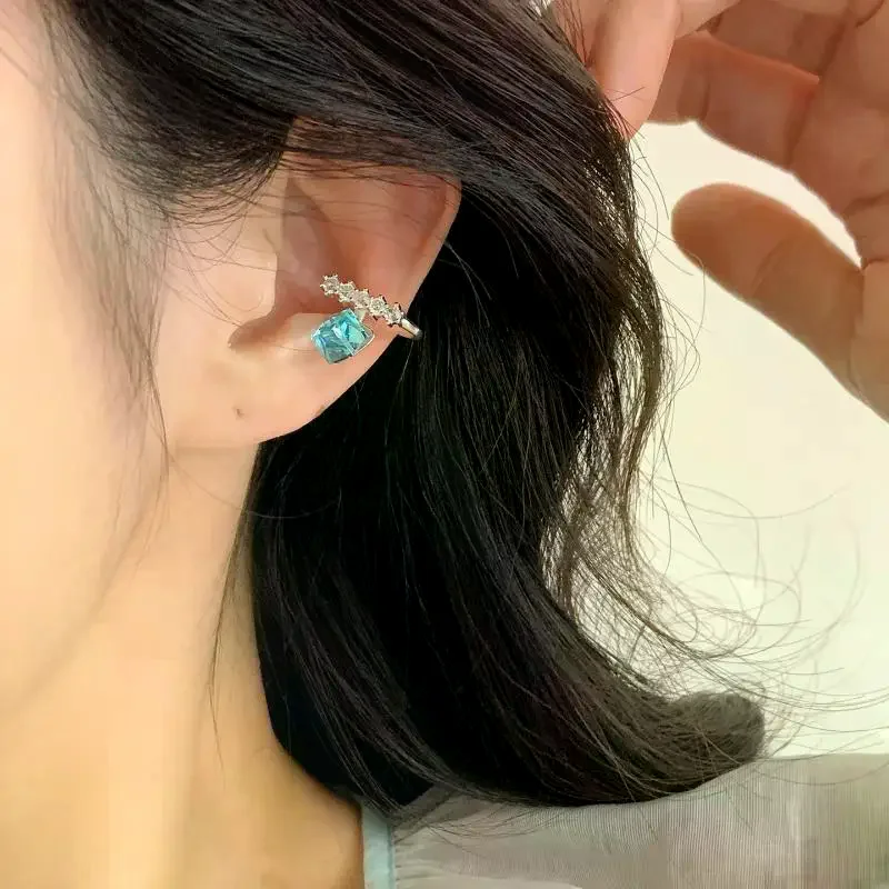 Shiny Blue Zircon C-Shape Clip Earrings, Adjustable Non-Piercing Rhinestone Earrings for Women