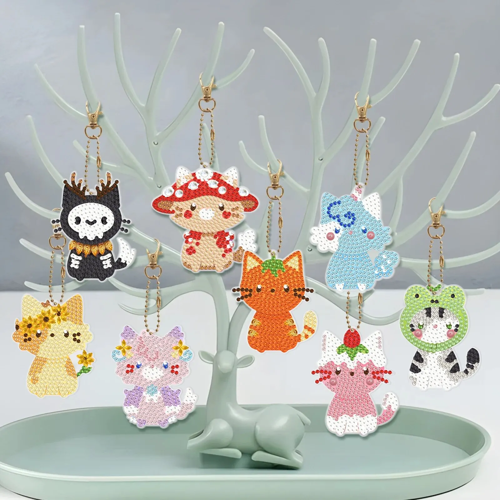 6/8pcs Set Diamond Painted Cartoon Animal Keychains Children's Digital Diy Diamond Embroidery Birthday Gifts Double-sided Dri