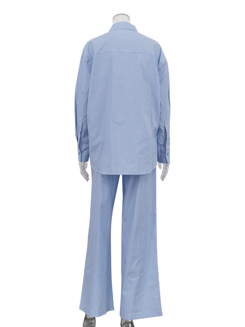 Marthaqiqi Striped Female Nightgowns Set Long Sleeve Nightwear Turn-Down Collar Pajama Pants Causal Women Sleepwear 2 Piece Suit