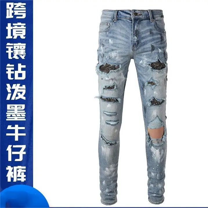 2025年 メンズ ダイヤモンド装飾 ダメージジーンズ ハイストリート トレンド ブランド インクスプラッシュ パッチ ダメージ加工 デザイナー ゴム入り レトロパンツ