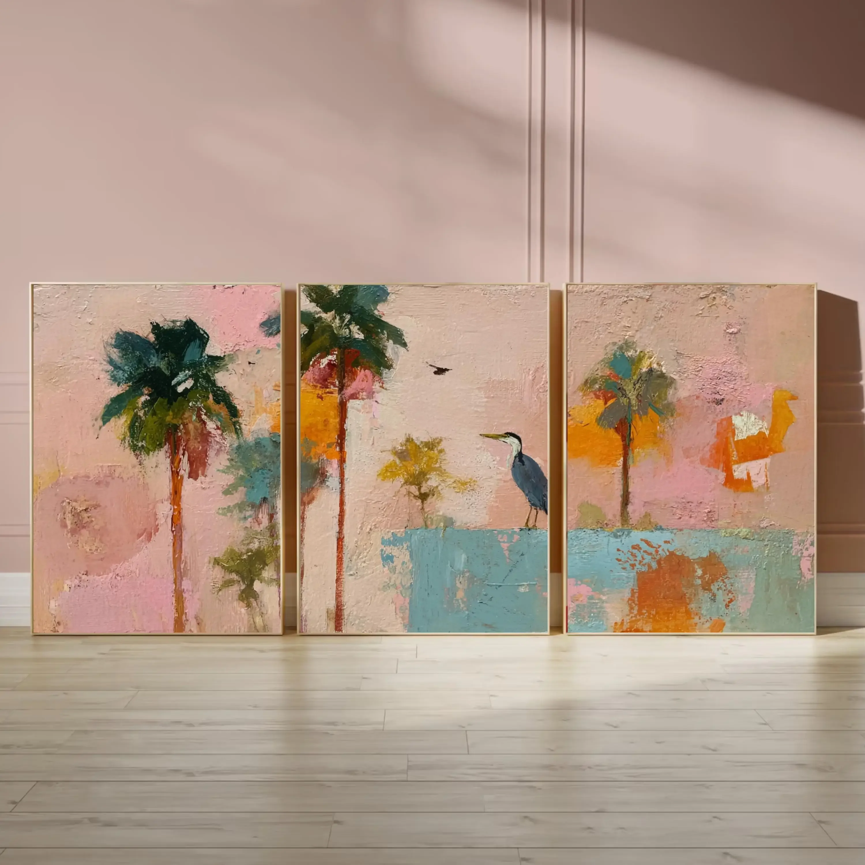 3pcs frameless Canvas Painting Colorful Coastal Palm Tree Art Set of 3 with Bird | Abstract Tropical Wall Prints | Playful Boho