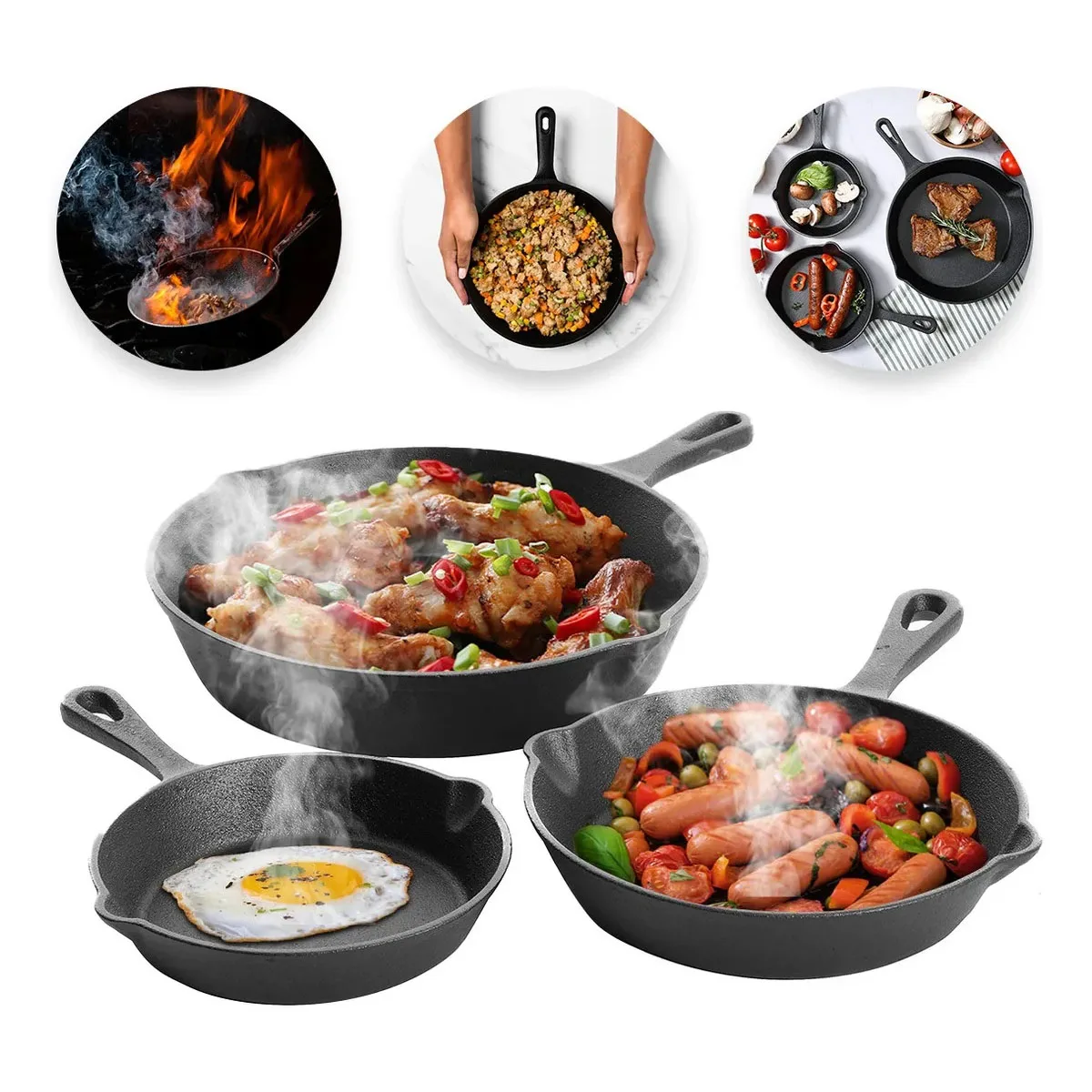 

3pcs Non-Stick Cast Iron Skillet Set Kitchen Breakfast Pan Omelette Pancake Pot for Cooking Outdoor Camping Campfire Meals