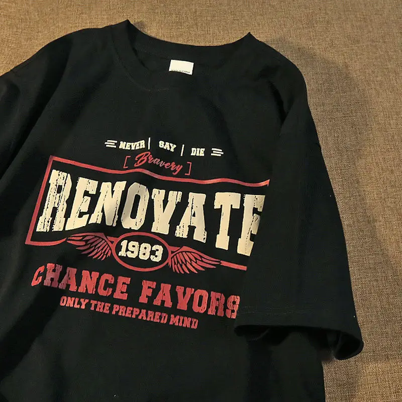 

American Retro ort Sve T-irt Loose Fit ex Cotton Youth Faion Summer Casual Print Top for Men And Women