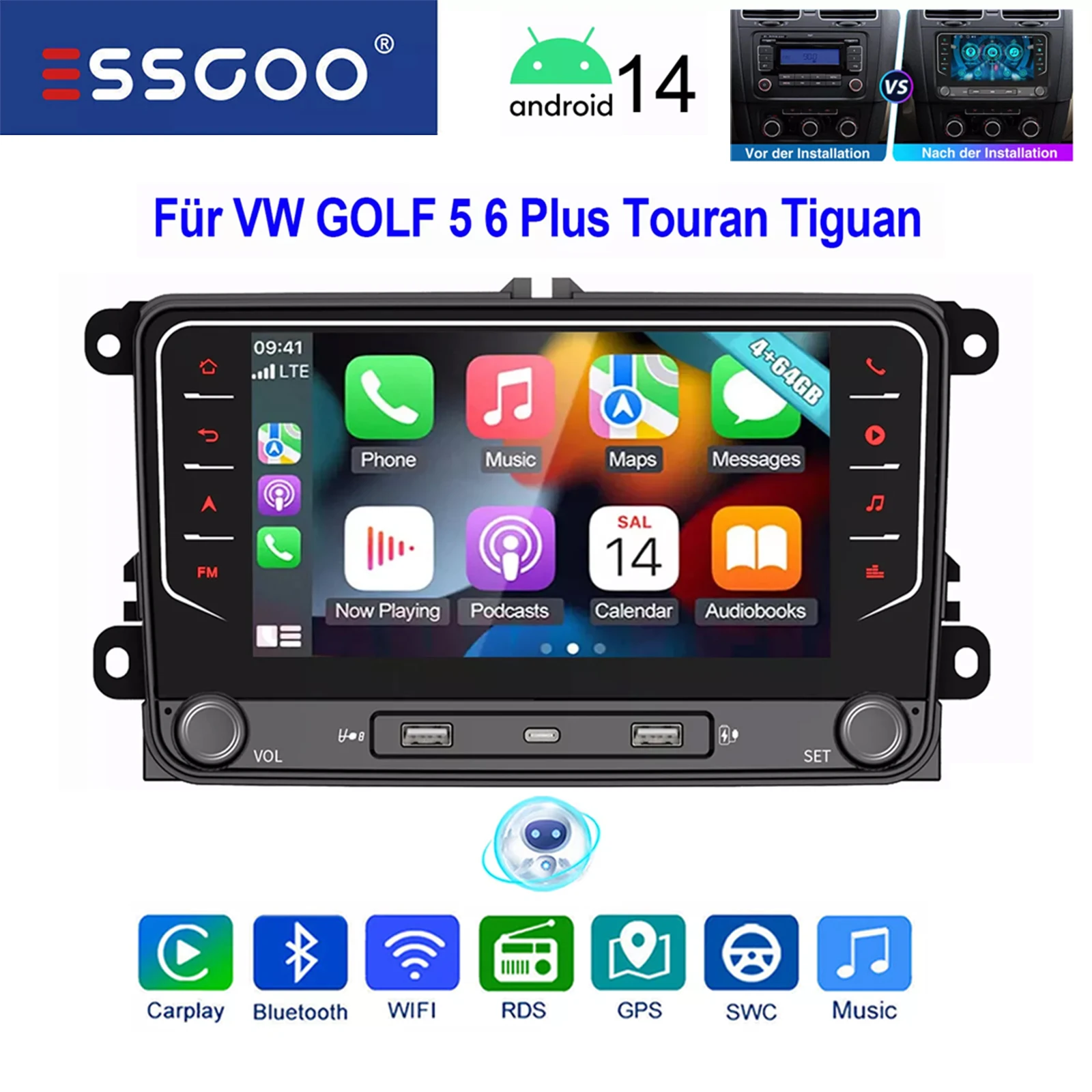 ESSGOO 7" Touchscreen Android 14 Autoradio Multimedia Speler 4+64G CarPlay Android Auto voor VW Golf 5 6 Plus Touran Caddy Jetta Passat Polo GPS Navigatie USB WiFi FM RDS AI Spraakbediening