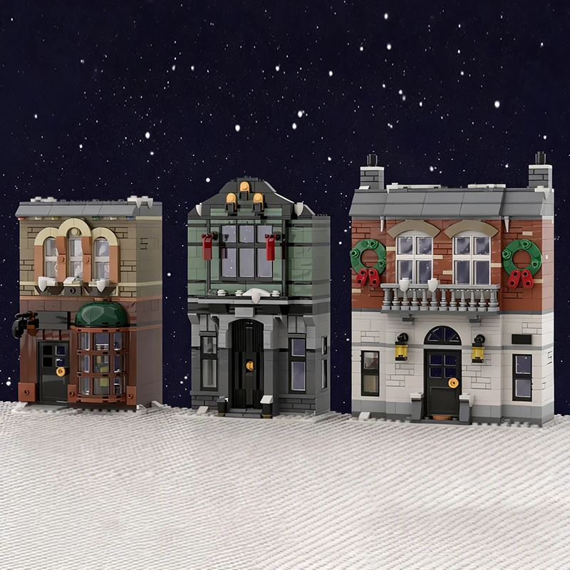 Stadt Street View Modell MOC Gebäude Ziegel Winter Straße Schnee Haus Modulare Technologie Kinder Urlaub Geschenke Montieren Spielzeug Anzug