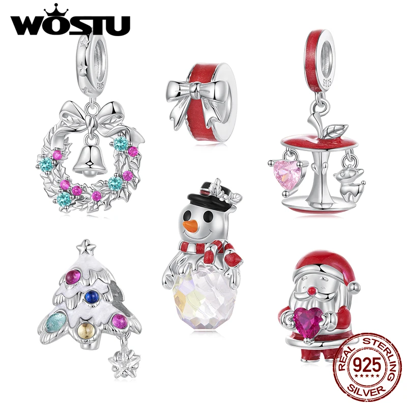 WOSTU 925 Sterling Silver Christmas Tree Charm Santa Claus Bead Snowman Pendant Original Fit for Women Gift DIY Fine Jewelry