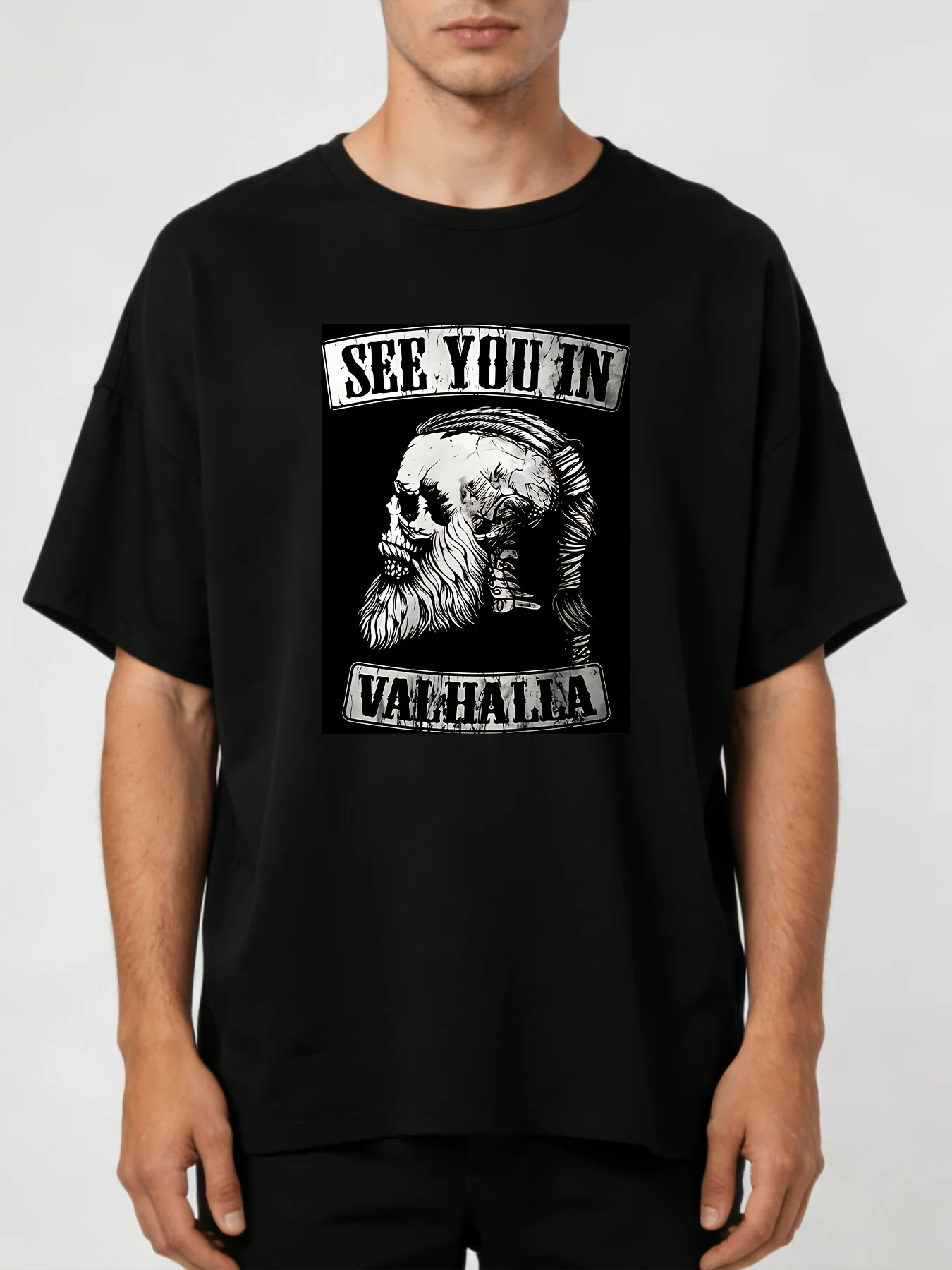 2026 1pc Valhalla Graphic Print Short-Sleeve T-Shirt for Men in Plus Size, Featuring a Casual Round Neck Design Made of Breathab