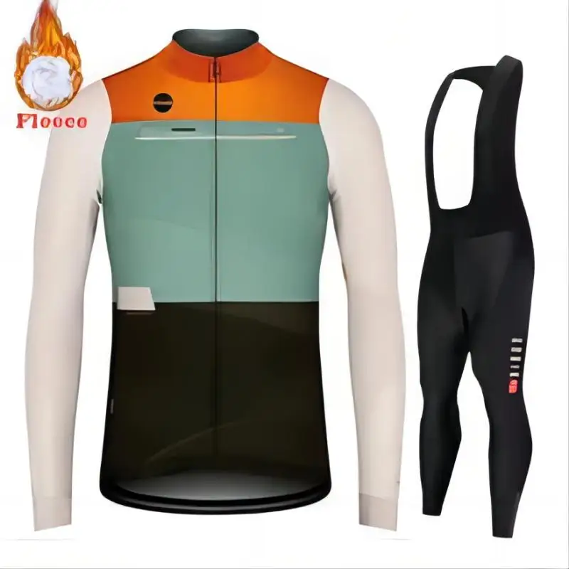 2023 Men Winter And Autumn Cycling Jersey Set Thermal Fleece Clothing Long Sleeve Road Pants Bib Bike Suit MTB Maillot