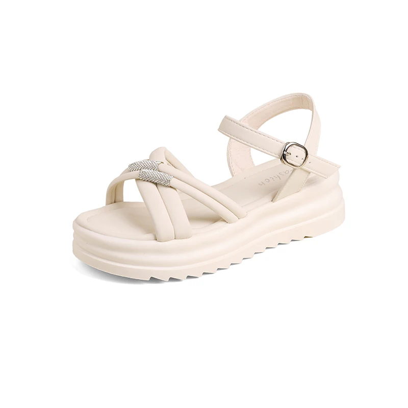 

New white Style Round Toe Wedge Heel Metal Decorated Fashionable Women's Shoes Flat Wear-resistant Comfortable Casual Sandals