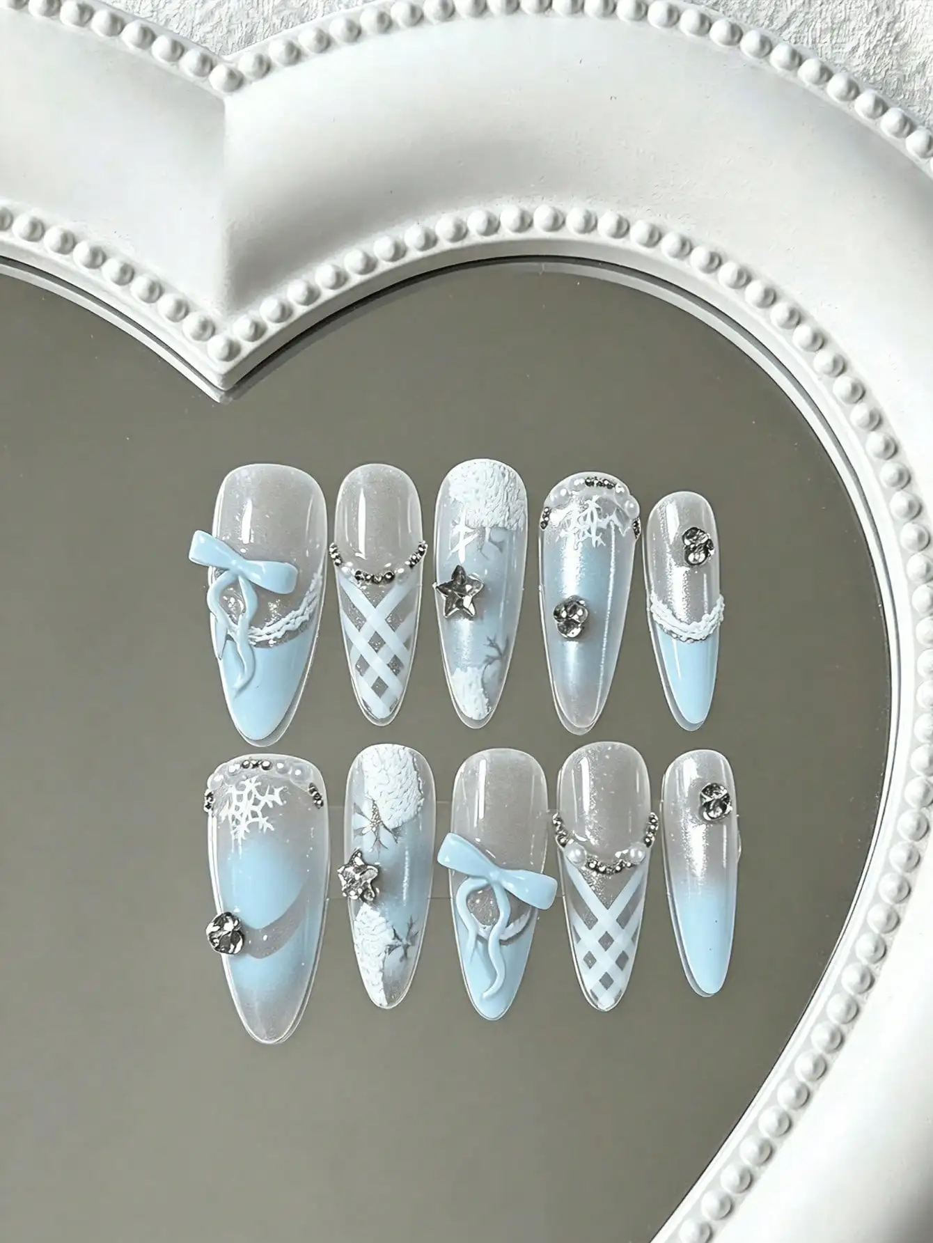 Light Luxury Blue and White Press-On Nail Set, 10 Pieces, Almond Style, Snowflake + Plaid Bow Rhinestone Decorations, Includes Jelly Glue + Nail File