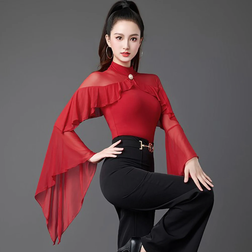 เสื้อแจ็คเก็ตเต้นรำบอลรูมสำหรับผู้หญิง สีแดงไวน์ กระดุมมุก สีเขียวเข้ม เสื้อแสดงโชว์ แขนยาว สง่างาม สำหรับเต้นวอลซ์ จั๊มสูทแต่งระบาย