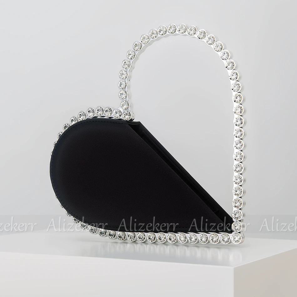 Heart Shaped Diamond Evening Clutch Bags Women New Designer Sparkling Crystal Acrylic Handle Black Satin Purse For Wedding Party