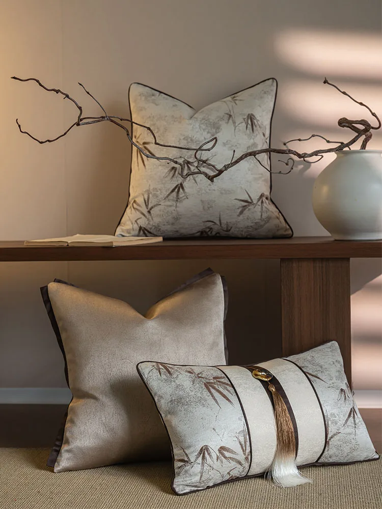 Neo-Chinese Ancient Style Bamboo Leaf Jacquard Pillowcase Tassel Cushion Cover Sofa Light beige Coffee Lumbar Pillow Cover