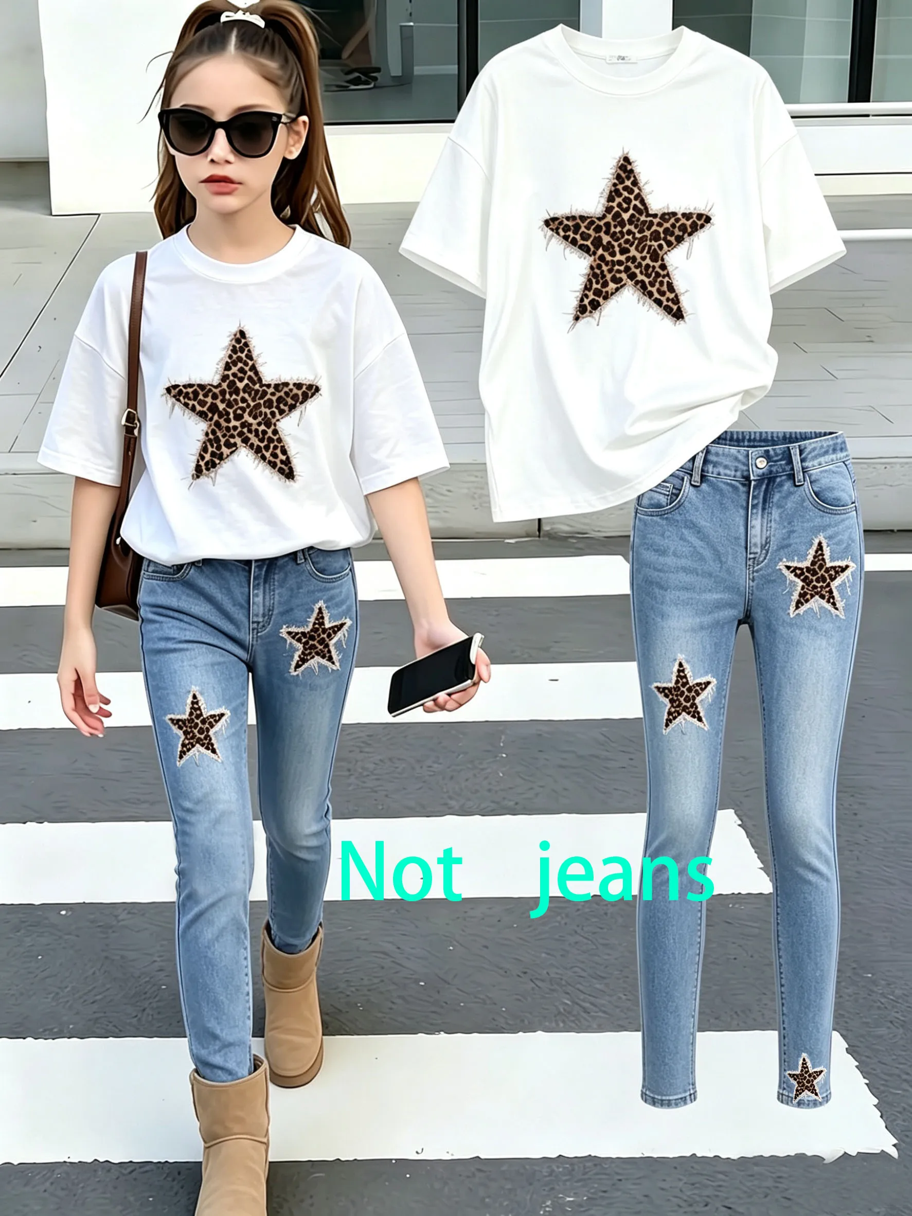 Girls 2Pcs Outfit Leopard Star Patch Short Sleeve T-shirt + Skinny Denim Jeans Kids Casual Streetwear Clothes Set For 4-7Y