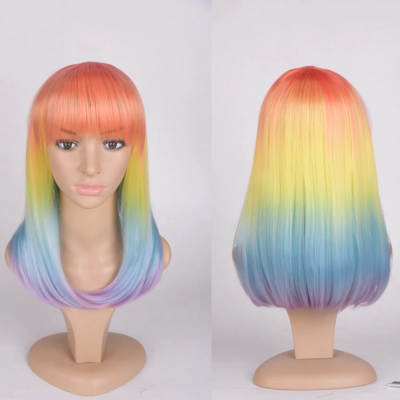 

Full Star Synthetic High Temperature Fiber Hair Short Rainbow With Bang ombre Wigs For Black Women 12" Straight Black Purple Wig