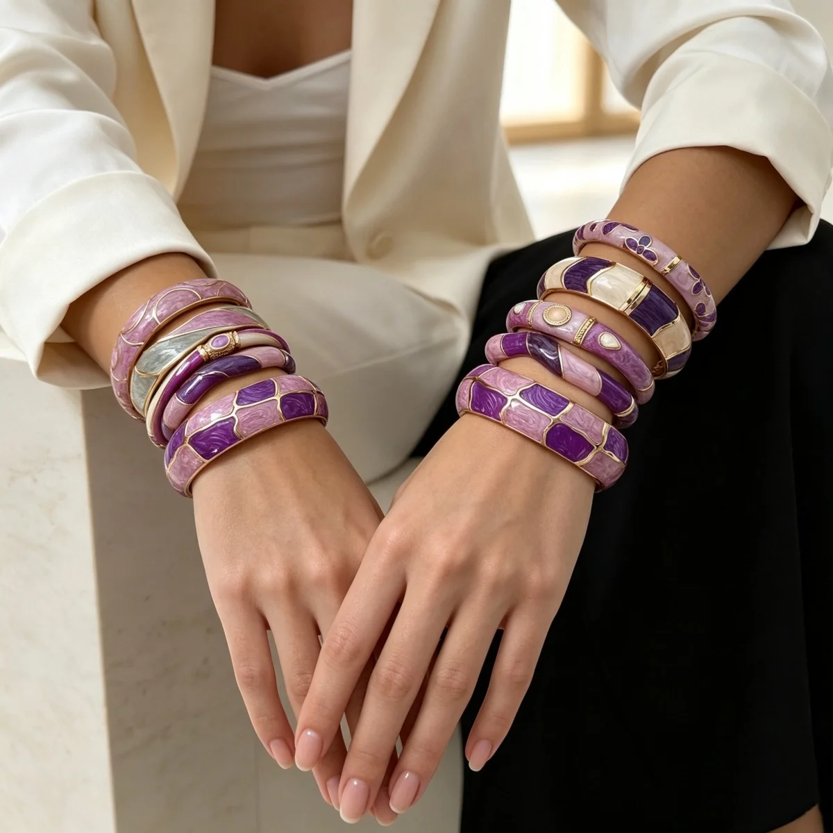 Ästhetisches Armband aus Emaille der Purple-Serie für Damen und Herren, Vintage-Punk-Stil, unregelmäßiger Block, gedreht, wellig, breiter Statement-Armreif, Schmuckstück – Detail 11
