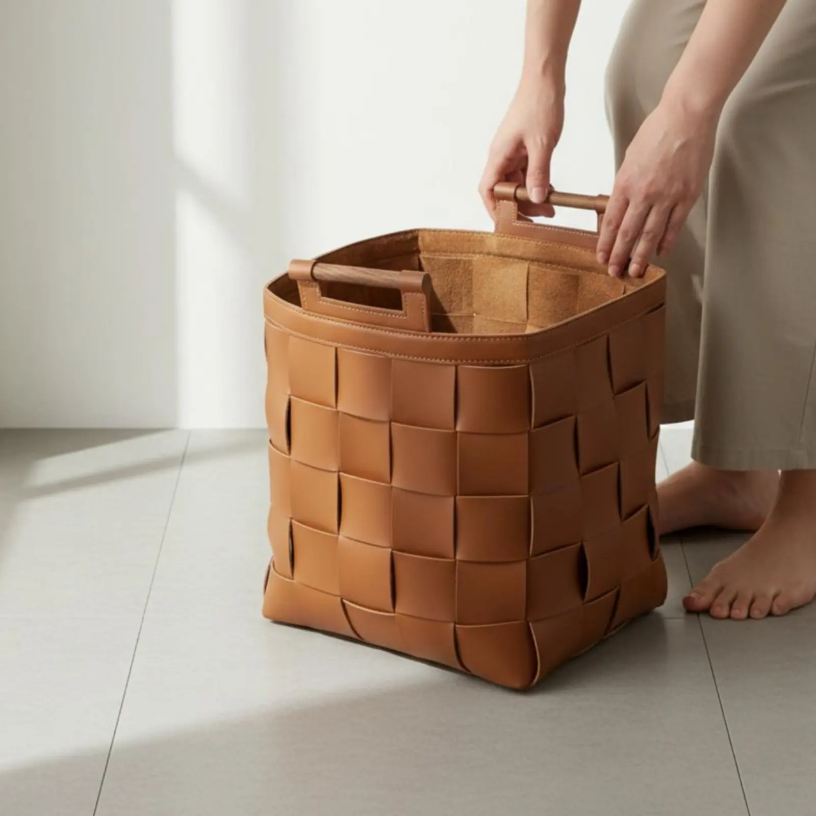 

Woven Leather Basket Minimalist Design Handmade Woven Hamper Decorative Storage Bin Large Capacity for Bathroom
