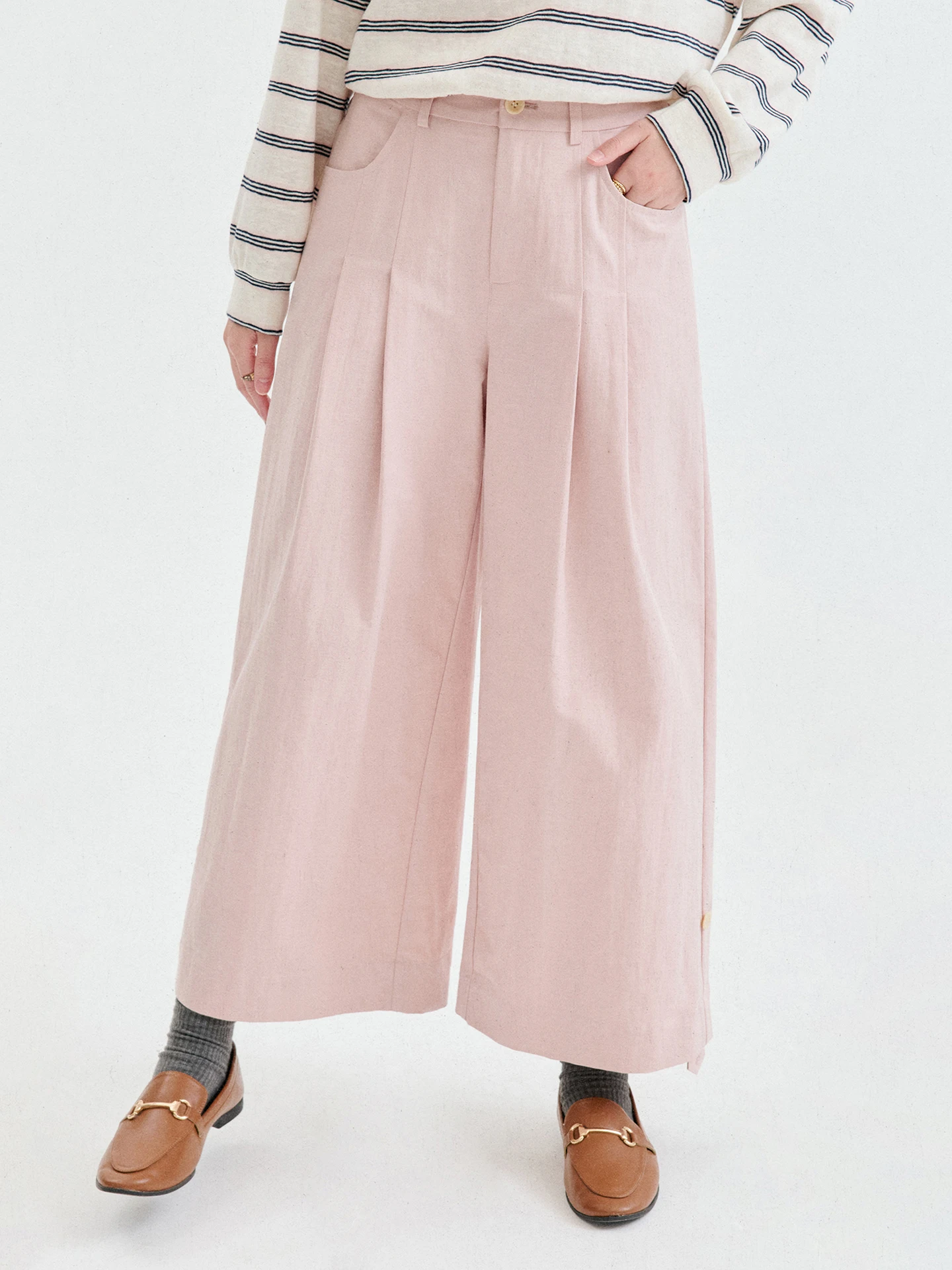 Original AMUU Pink Wide Leg Cuffed Casual Pants Women's High Waist Trousers Korean Style Cotton Blend Lenzing Lyocell Nylon