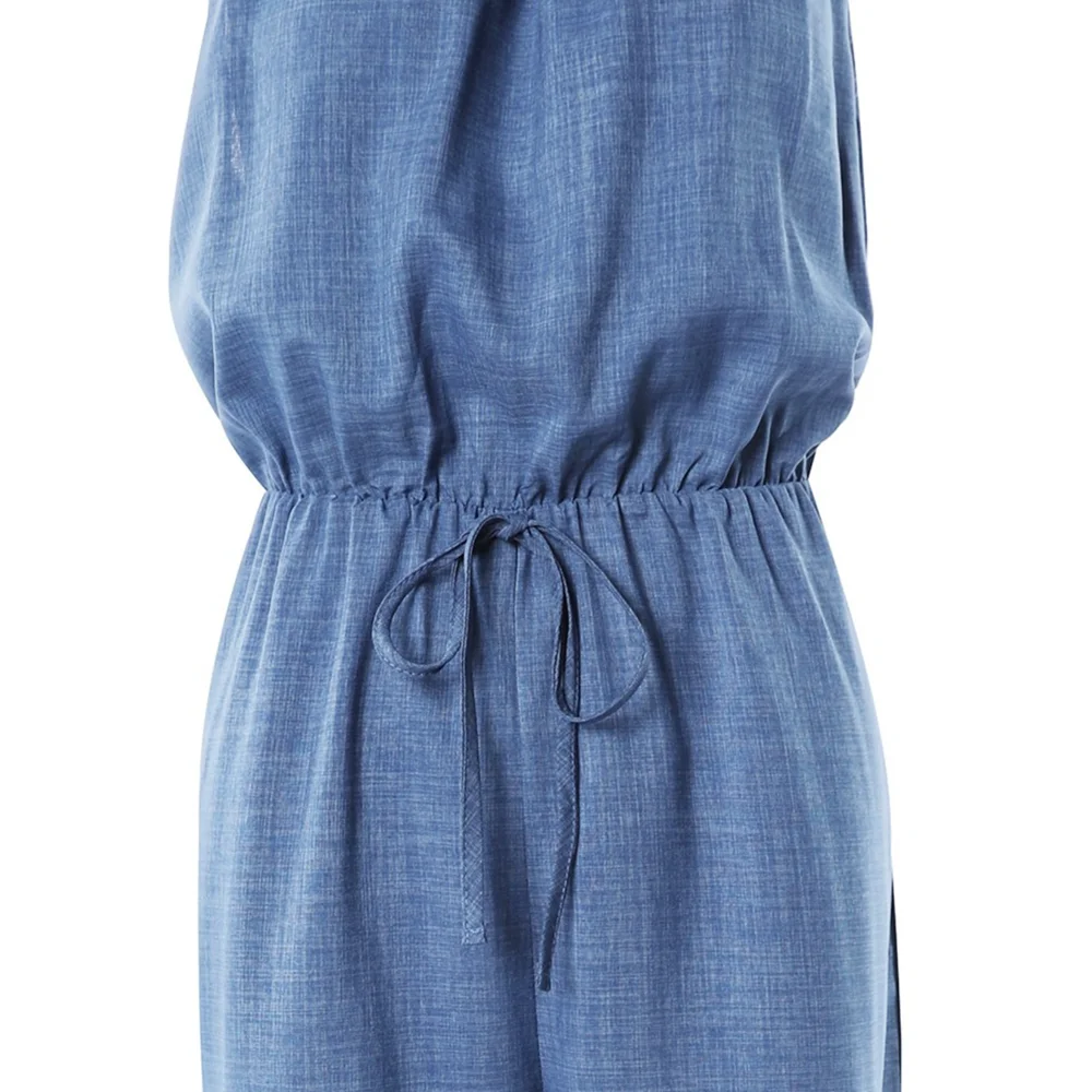 Women's Casual Solid Color Wide Leg Straight Overalls Summer Sleeveless Spaghetti Strap Drawstring Waist Jumpsuits