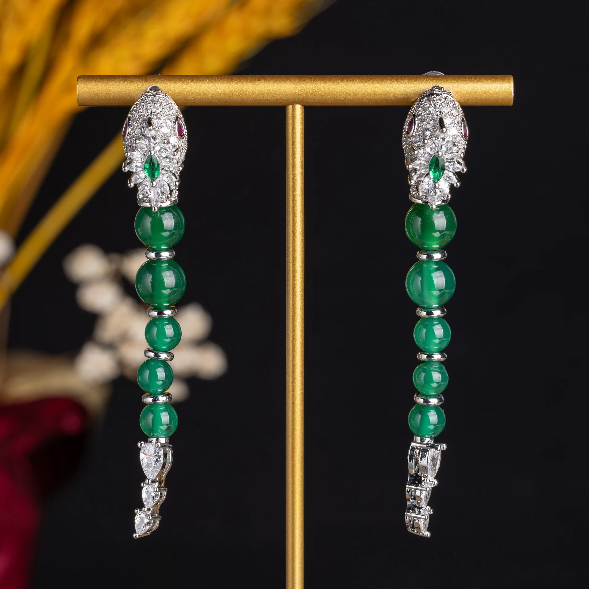 Luxury Stereo Snake Shape Long Dangle Earrings For Women Retro Zircon Green Round Bead Exaggerated Animal Jewelry Party Gifts