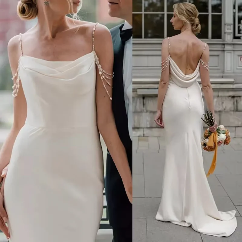 Vestido de novia de sirena de satén moderno, sin tirantes, sin mangas, cola larga, cuentas, tirantes finos, borla, vestido elegante personalizado 2025