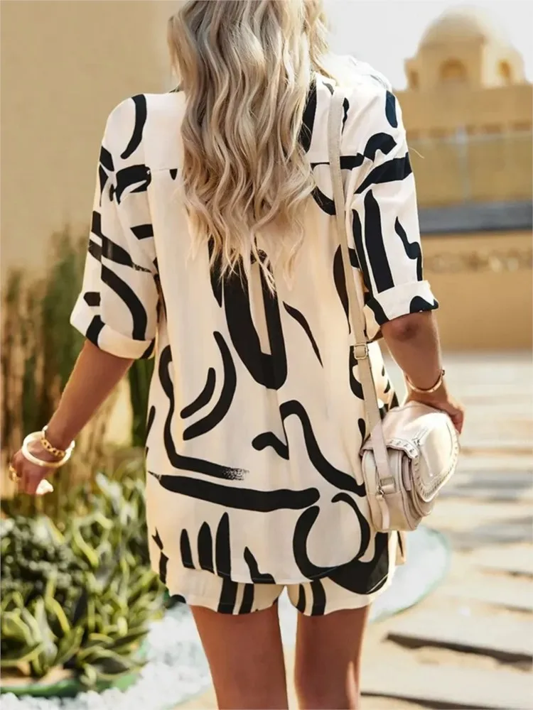 Summer Casual Two Peice Set For Women 2023 Shirts Print Shorts Suit Short Sleeve Tops 2 Piece Set Button Shirt Office Outfits