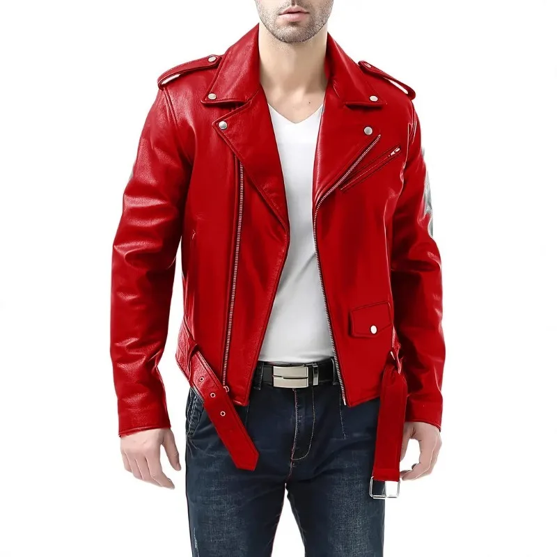 

Spring and Autumn Men PU Leather Jacket Motorcycle Style Fashion Adjustable Hem Slim Leather Coat Lapels Spliced Designs Tops