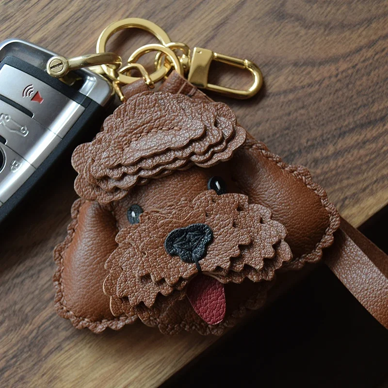 Handmade Leather Teddy Bear Dog Cute Puppies and Dogs Keychain Little Doggy Key Lanyard Bag Charm