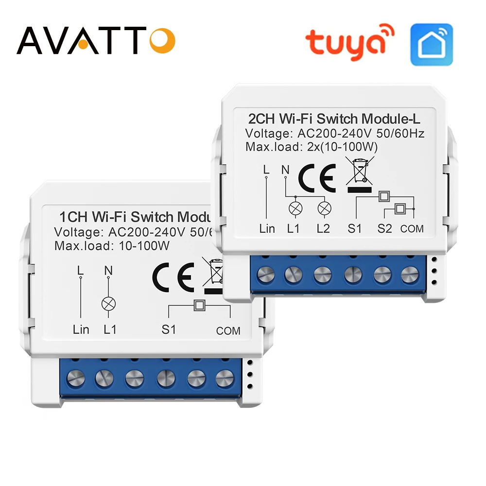 AVATTO Tuya WiFi Smart Module No Neutral Wire Required 1 2 Gang Switch Module Smart Life APP Remote Works with Alexa Google Home