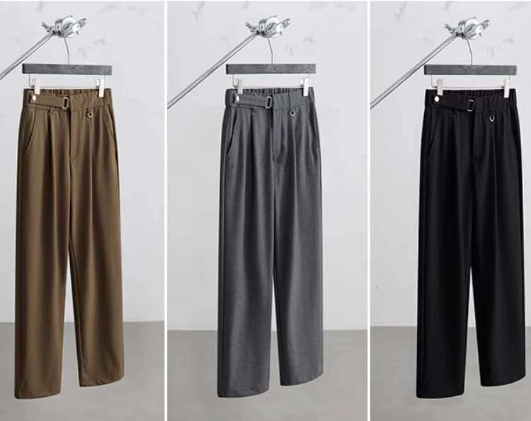 2025 Spring New Pocket Suit Pants Loose Comfort Straight Trousers Men's Solid Color Medium and High Waist Elastic Casual Pants