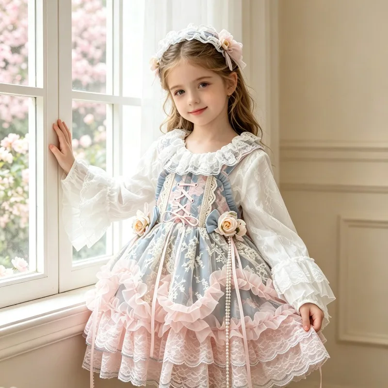 Kinder Lolita JSK Kleid Spitze Rüschen Spaghettiträger 3D-Blume Rosa Gerüschter Tüllrock Süßes Prinzessinnen-Teeparty-Kinderoutfit – Detail 2