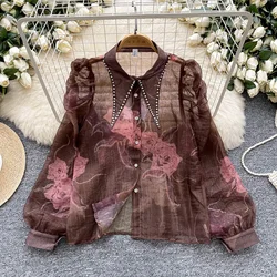 Chic Turn-down Collar Vintage Rhinestone Pleated Lantern Sleeve See Through Korean Women Streetwear High Street Autumn Blouse