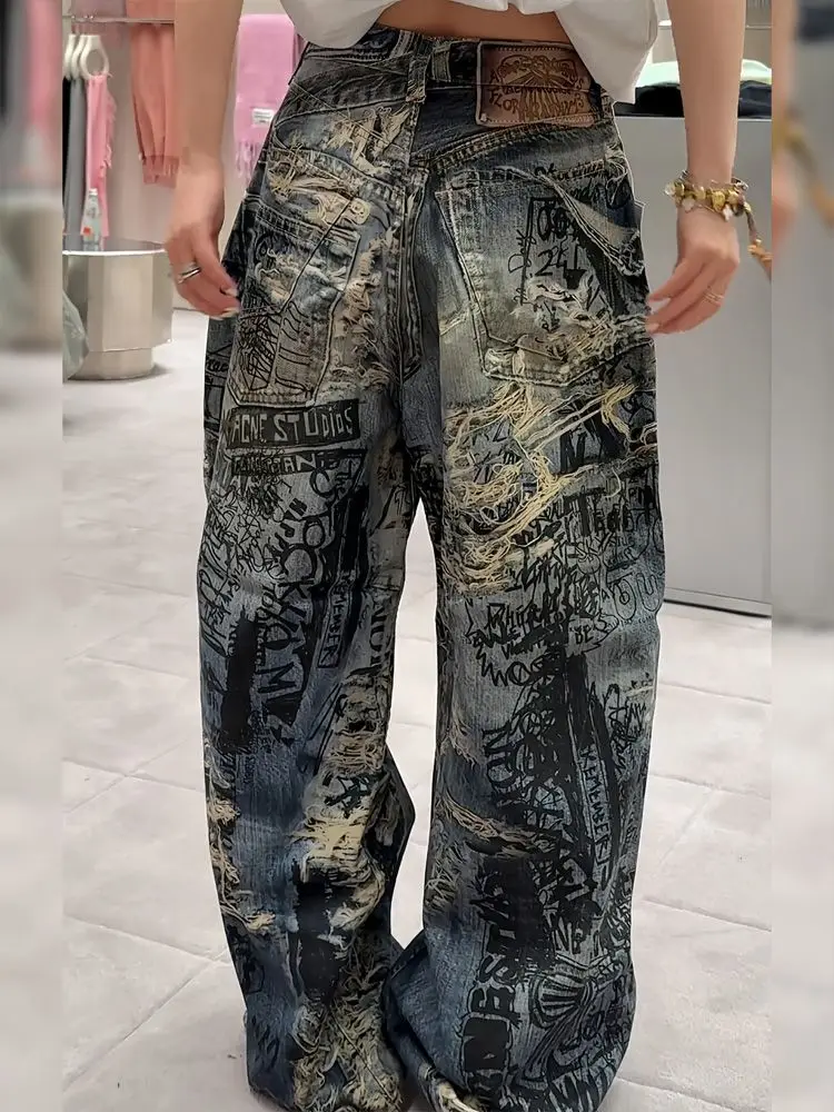 بنطلون جينز أمريكي عالي الشارع جديد ذو فتحة كبيرة مصبوغ قذرًا للسيدات Y2K Harajuku Punk سروال سبايس جيرل مطبوع عليه ألوان ممتد