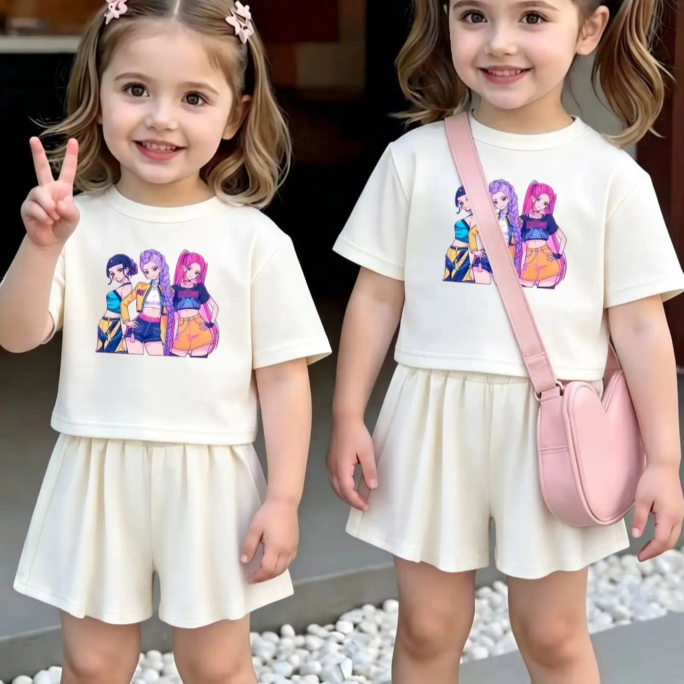 Toddler Girls Cartoon Print 2-Piece Outfit, Short Sleeve T-Shirt & Ruffle Shorts Casual Summer Tracksuit for 1-7 Year Old Girls