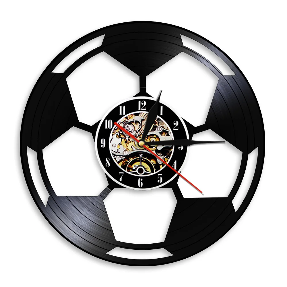 3D Football Shape Vinyl Record Wall Clock Creative Retro Laser Cut Silent Hanging Clock LED Night Light Living Room Decor Gift