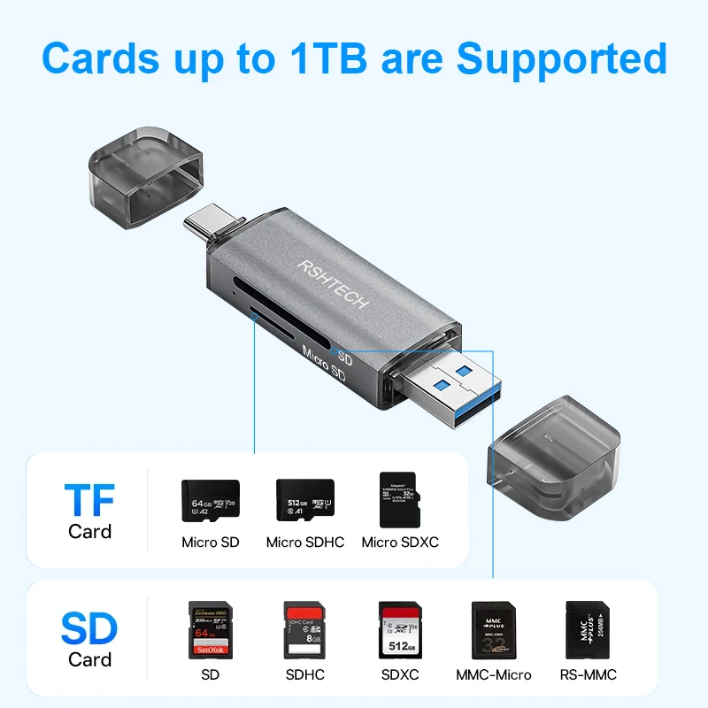 RSHTECH Card Reader 5Gbps Data Transfer USB C & USB3.0 To SD MicroSD TF Memory Cardreader SD Card Adapter for Laptop Accessories