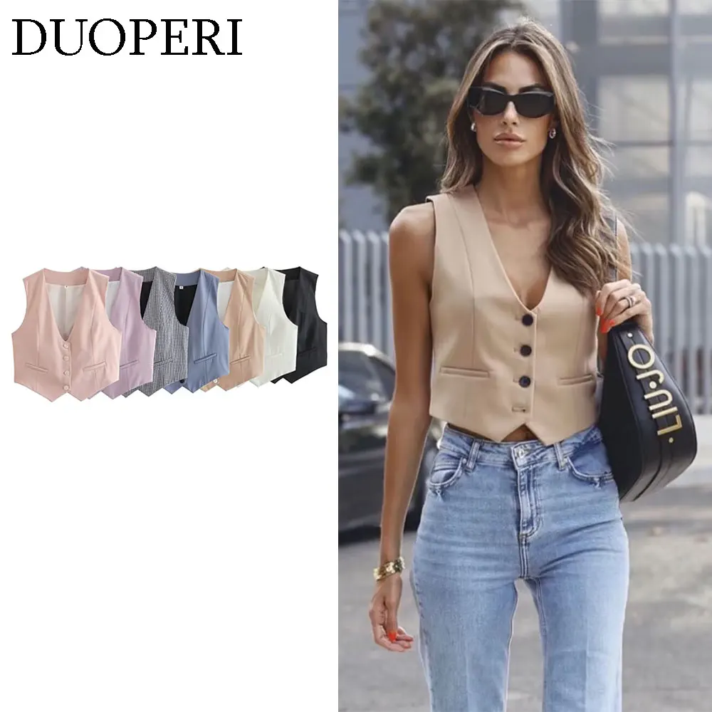 DUOPERI Women Fashion V-Neck Tops Vest Single Breasted Sleeveless Female Chic Office Lady Casual Basic Business Outfits Waistcoa