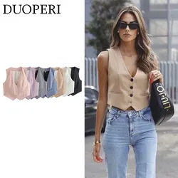 DUOPERI Women Fashion V-Neck Tops Vest Single Breasted Sleeveless Female Chic Office Lady Casual Basic Business Outfits Waistcoa