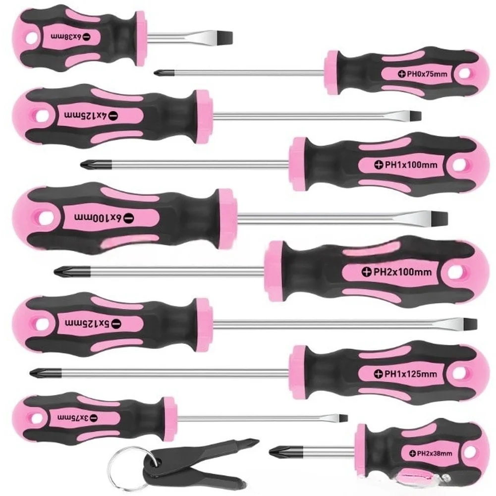 12pc Pink Magnetic Screwdriver Set Chromium Vanadium Steel With Ergonomic Rubber Handle Portable Storage Case For Home DIY Tools